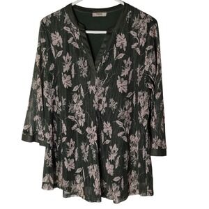 Timeson Floral Blouse Shirt Double Layer Green‎ Tan V Neck Womans Extra Large